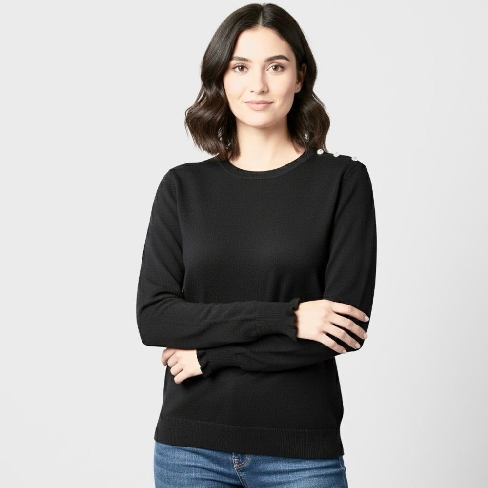 J. Crew Black Cotton Ruffle Rhinestone Sweater Size Large - Picture 2 of 10